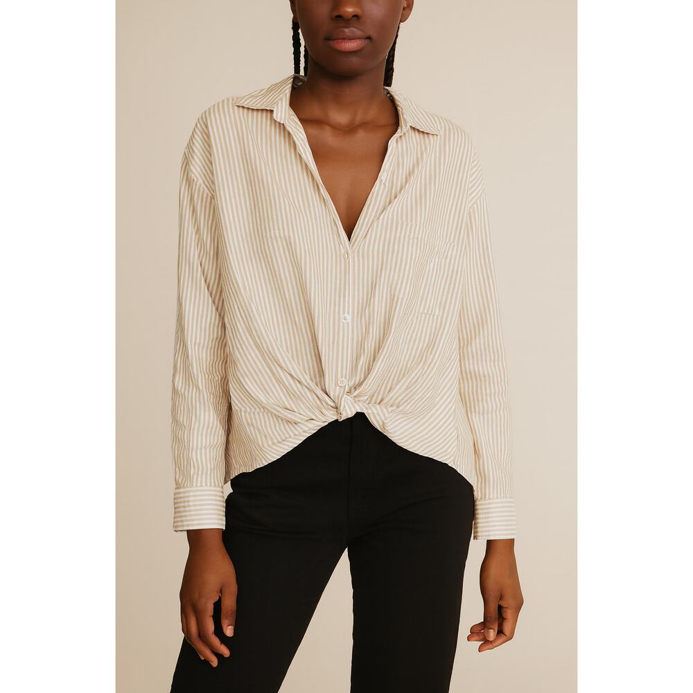 Evereve Striped Long Sleeve Cropped Poplin Button Down Shirt Tan White Medium